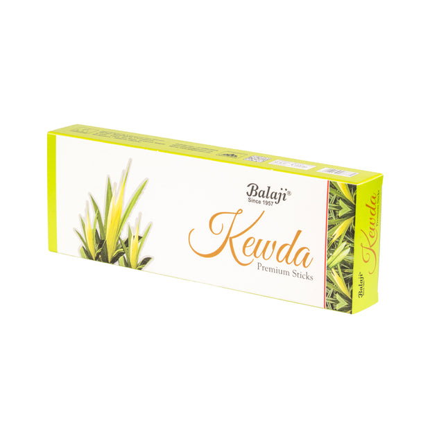 Box of Balaji Kewda Premium Sticks with green and yellow design on a white background