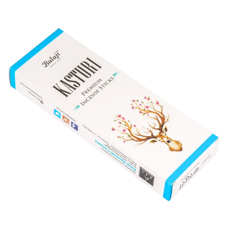 Box of Kasturi Premium Incense Sticks with a deer illustration on a white background