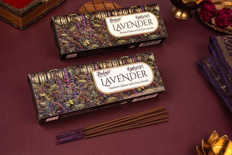 Two boxes of Balaji Kashmiri Lavender incense on a dark surface with incense sticks.