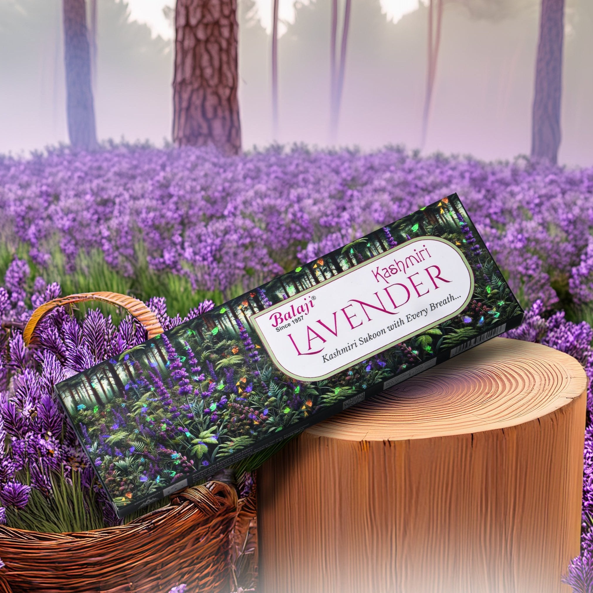 A box of Balaji Kashmiri Lavender incense sticks placed on a wooden surface with a background of lavender fields.