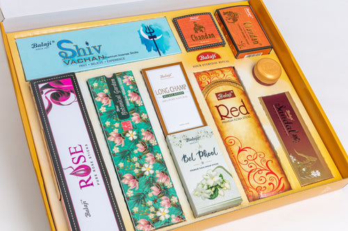 Balaji Celebration Pack with assorted floral, woody, and spicy incense sticks for gifting and celebrations
