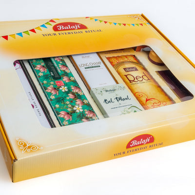 Balaji Celebration Pack with assorted floral, woody, and spicy incense sticks for gifting and celebrations
