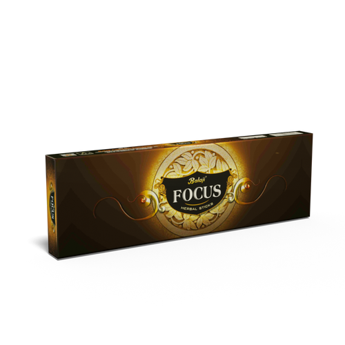A box of Focus masala incense sticks by Balaji Incense, traditionally made with finest ingredients, displayed against a neutral background.