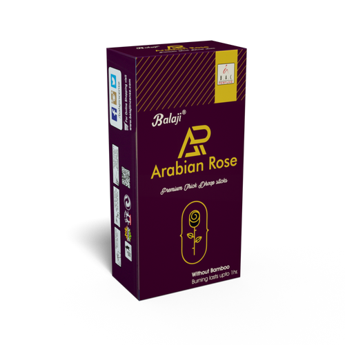 A box of Balaji Arabian Rose Thick Dhoop Sticks, with branding and product information displayed on the packaging.